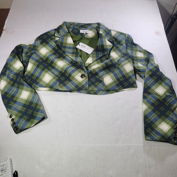 WeWoreWhat Women Green Plaid Cropped Blazer Jacket Size Small - Picture 1 of 10